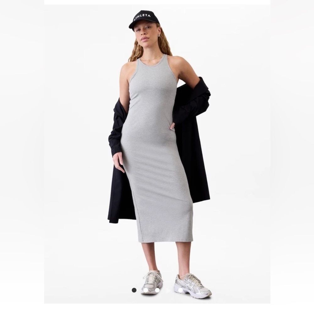 NWT New ATHLETA Signature Rib Maxi Dress Shelf Bra Heather Gray Medium M